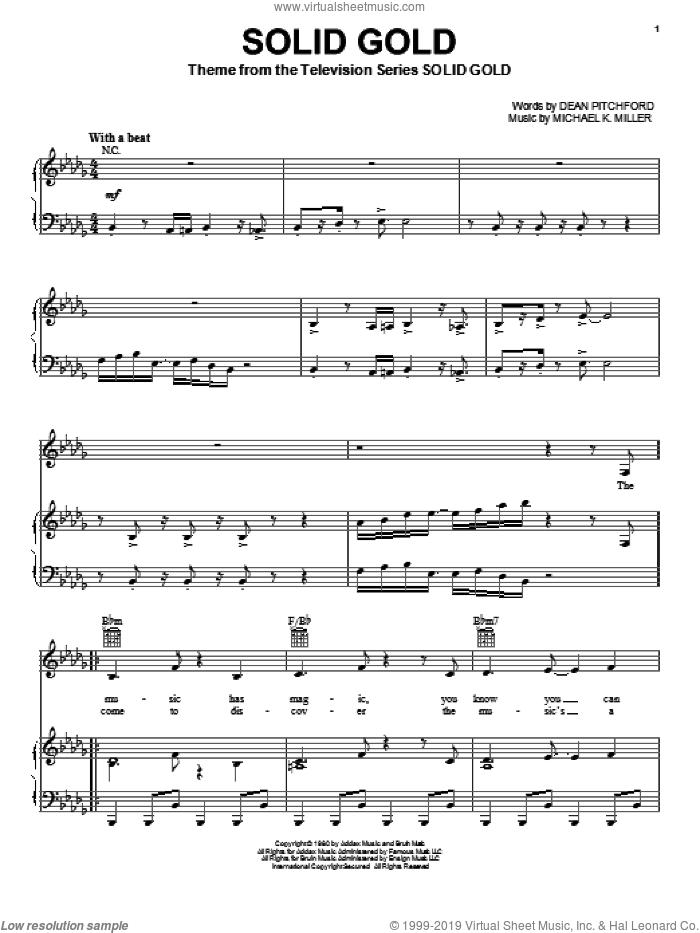 Solid Gold sheet music for voice, piano or guitar by Dean Pitchford and Michael K. Miller, intermediate skill level