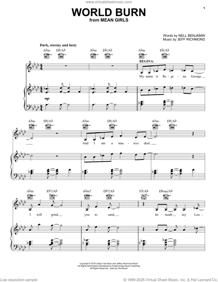 World Burn (from Mean Girls) sheet music for voice, piano or guitar by Nell Benjamin and Jeff Richmond, intermediate skill level