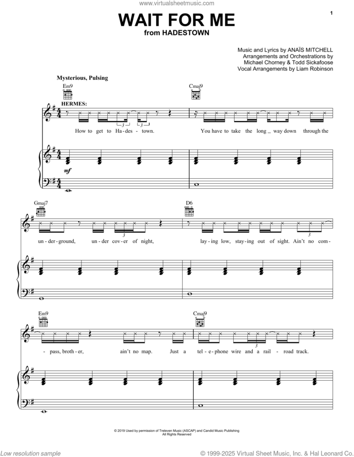 Wait For Me (from Hadestown) sheet music for voice, piano or guitar by Anais Mitchell, intermediate skill level
