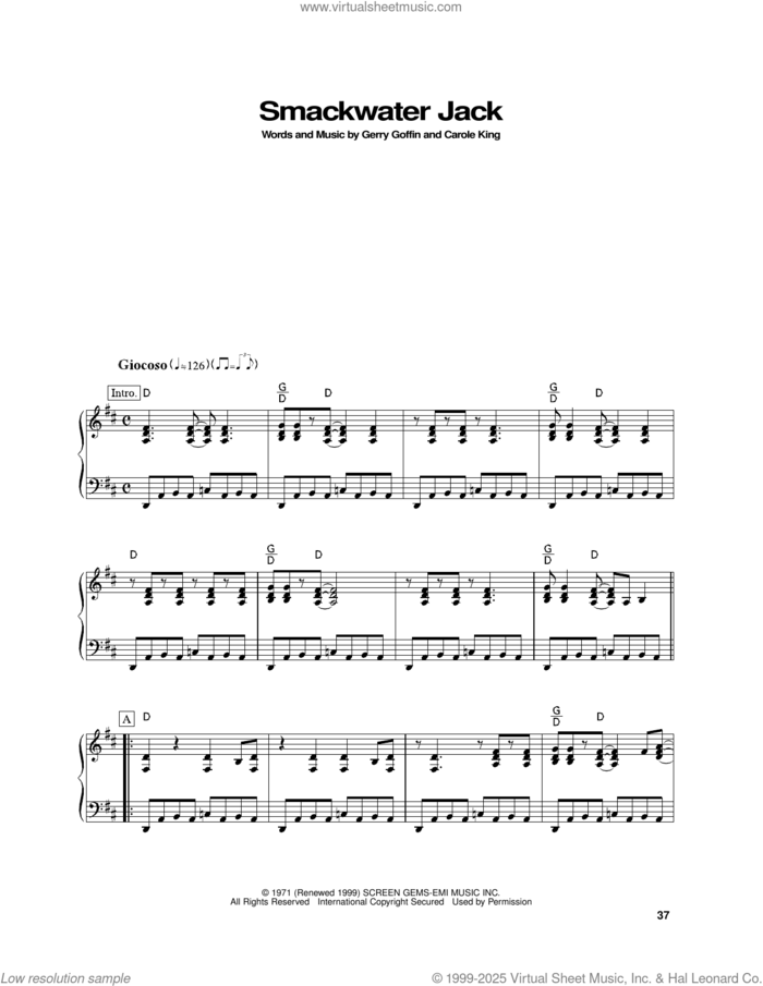 Smackwater Jack, (intermediate) sheet music for piano solo by Carole King and Gerry Goffin, intermediate skill level