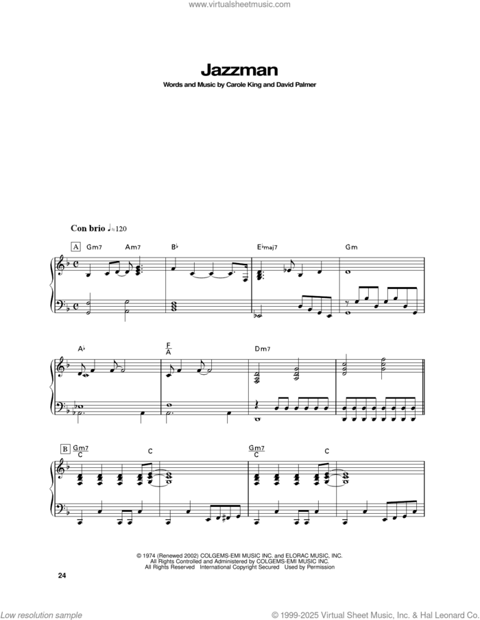 Jazzman sheet music for piano solo by Carole King and David Palmer, intermediate skill level