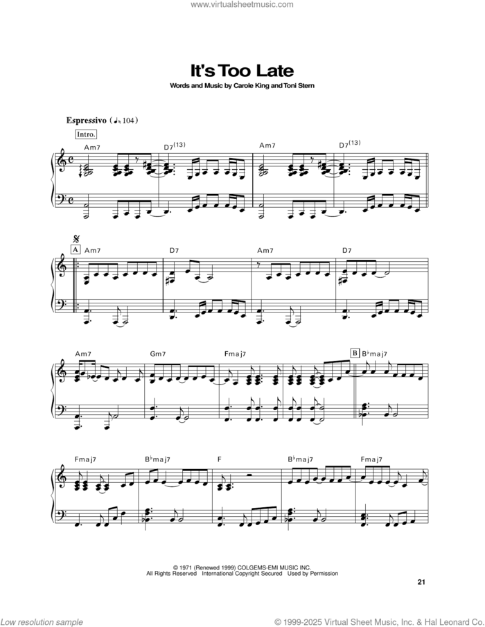It's Too Late sheet music for piano solo by Carole King and Toni Stern, intermediate skill level