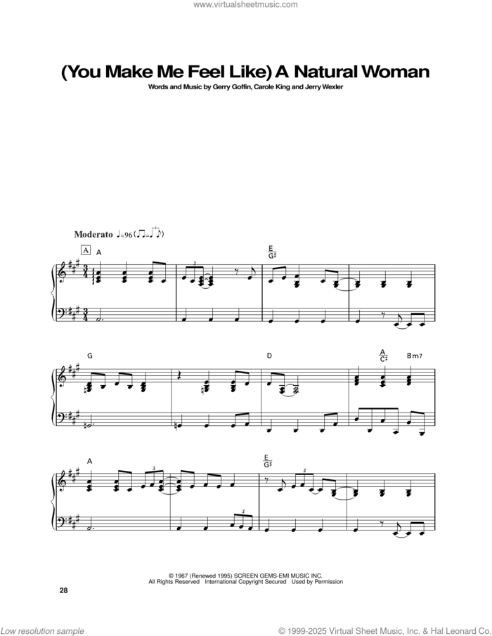 (You Make Me Feel Like) A Natural Woman, (intermediate) sheet music for piano solo by Carole King, Gerry Goffin and Jerry Wexler, intermediate skill level