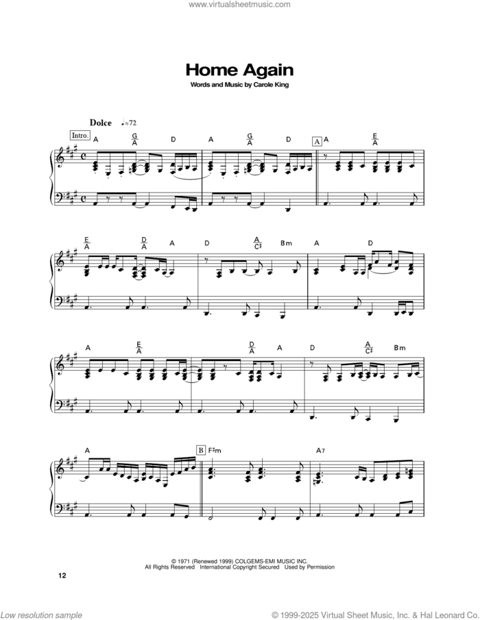 Home Again, (intermediate) sheet music for piano solo by Carole King, intermediate skill level