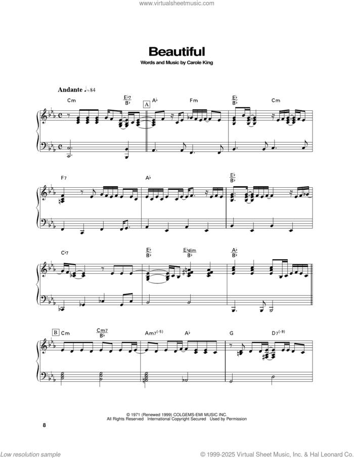 Beautiful, (intermediate) sheet music for piano solo by Carole King, intermediate skill level