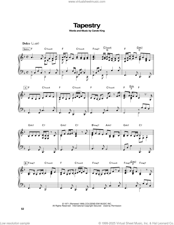 Tapestry, (intermediate) sheet music for piano solo by Carole King, intermediate skill level