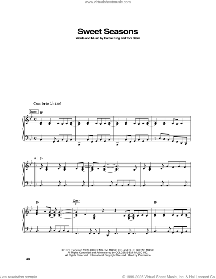 Sweet Seasons sheet music for piano solo by Carole King and Toni Stern, intermediate skill level