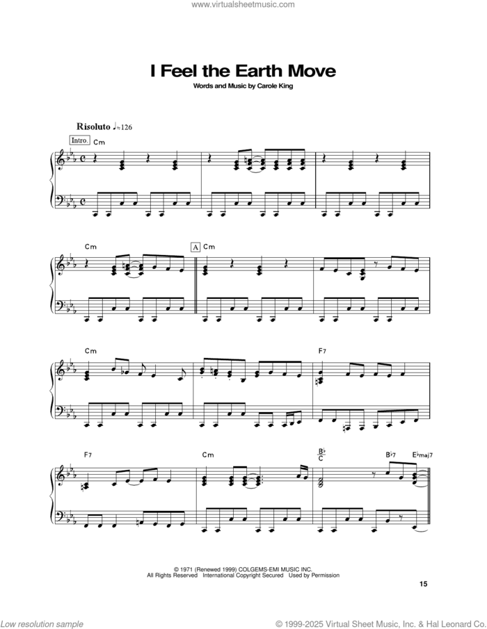 I Feel The Earth Move, (intermediate) sheet music for piano solo by Carole King, intermediate skill level