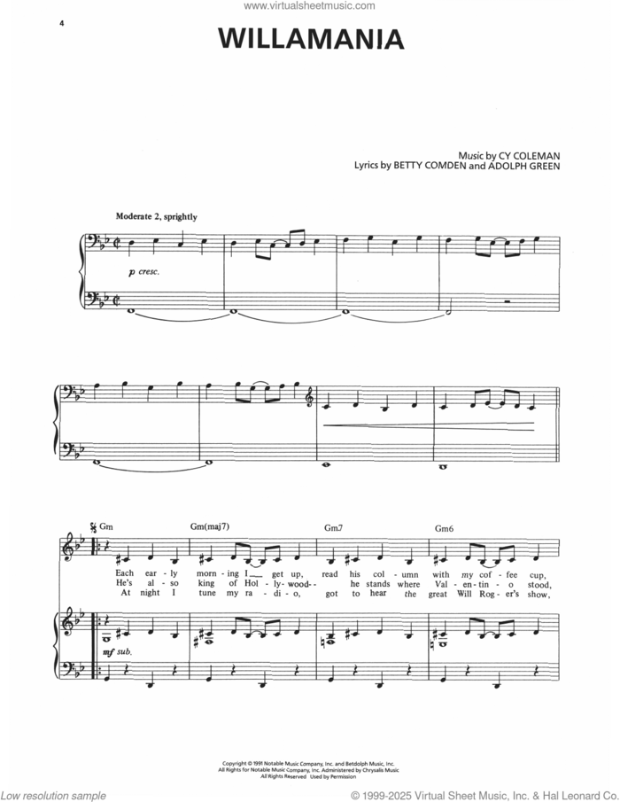 Willamania (from The Will Rogers Follies) sheet music for voice and piano by Betty Comden, Adolph Green and Cy Coleman, intermediate skill level