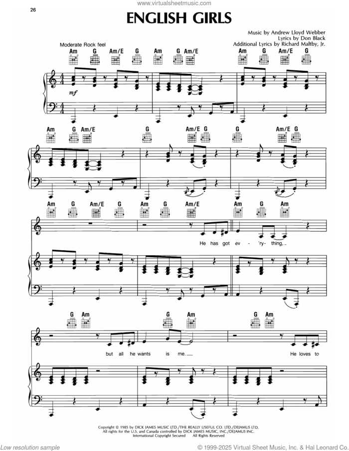 English Girls (from Song and Dance) sheet music for voice, piano or guitar by Andrew Lloyd Webber, intermediate skill level