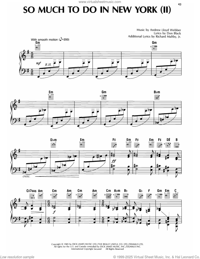 So Much To Do In New York (II) (from Song and Dance) sheet music for voice, piano or guitar by Andrew Lloyd Webber, Don Black and Richard Maltby, Jr., intermediate skill level