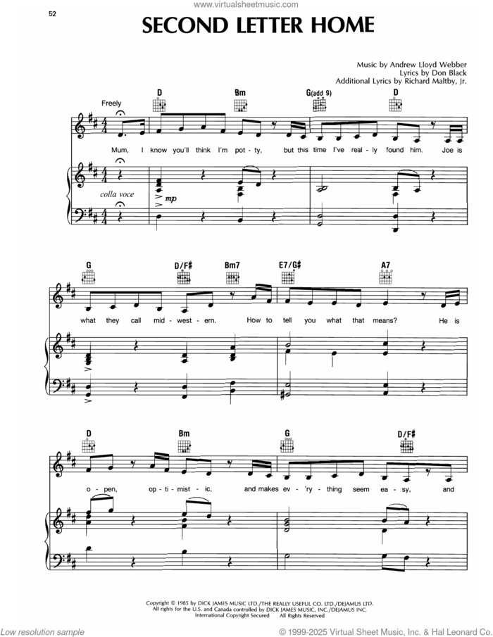 Second Letter Home (from Song and Dance) sheet music for voice, piano or guitar by Andrew Lloyd Webber and Don Black, intermediate skill level