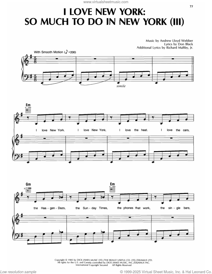 I Love New York / So Much To Do In New York (from Song and Dance) sheet music for voice, piano or guitar by Andrew Lloyd Webber, Don Black and Richard Maltby, Jr., intermediate skill level