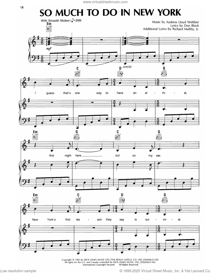 So Much To Do In New York (I) (from Song and Dance) sheet music for voice, piano or guitar by Andrew Lloyd Webber, Don Black and Richard Maltby, Jr., intermediate skill level