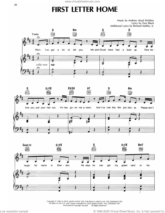 First Letter Home (from Song and Dance) sheet music for voice, piano or guitar by Andrew Lloyd Webber and Don Black, intermediate skill level