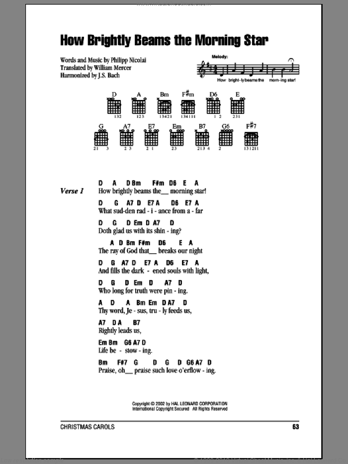 How Brightly Beams The Morning Star sheet music for guitar (chords) by Philipp Nicolai, Johann Sebastian Bach and William Mercer, intermediate skill level