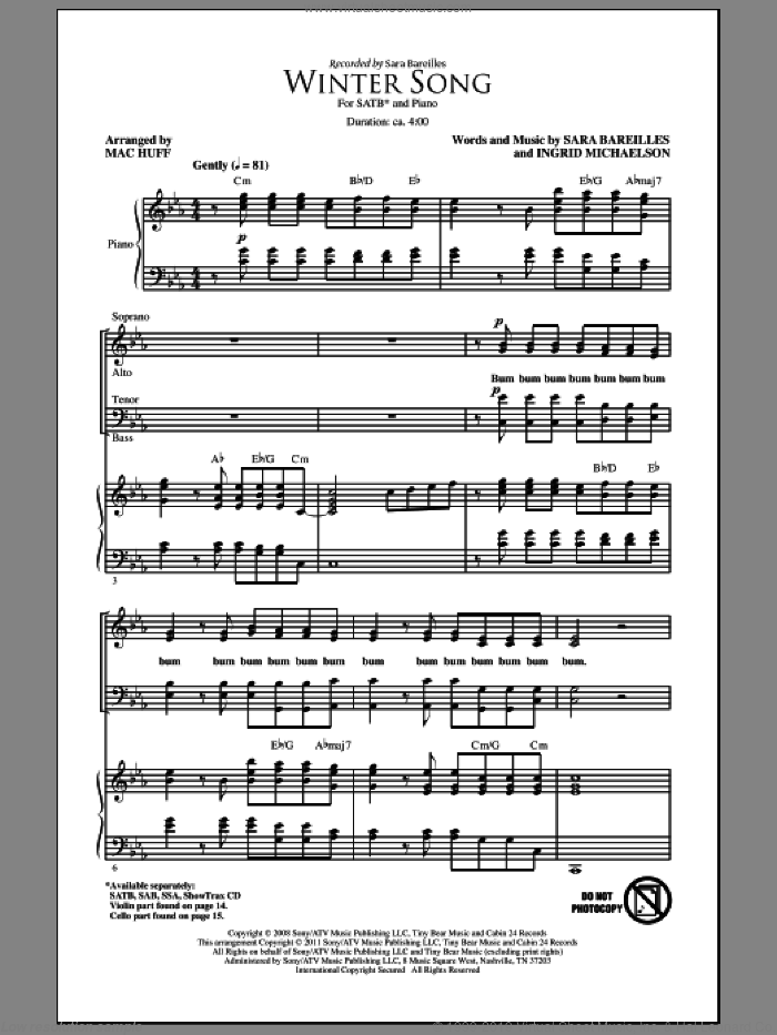 Winter Song (arr. Mac Huff) sheet music for choir (SATB: soprano, alto, tenor, bass) by Sara Bareilles, Ingrid Michaelson and Mac Huff, intermediate skill level