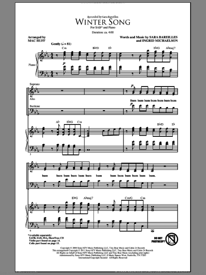 Winter Song (arr. Mac Huff) sheet music for choir (SAB: soprano, alto, bass) by Sara Bareilles, Ingrid Michaelson and Mac Huff, intermediate skill level