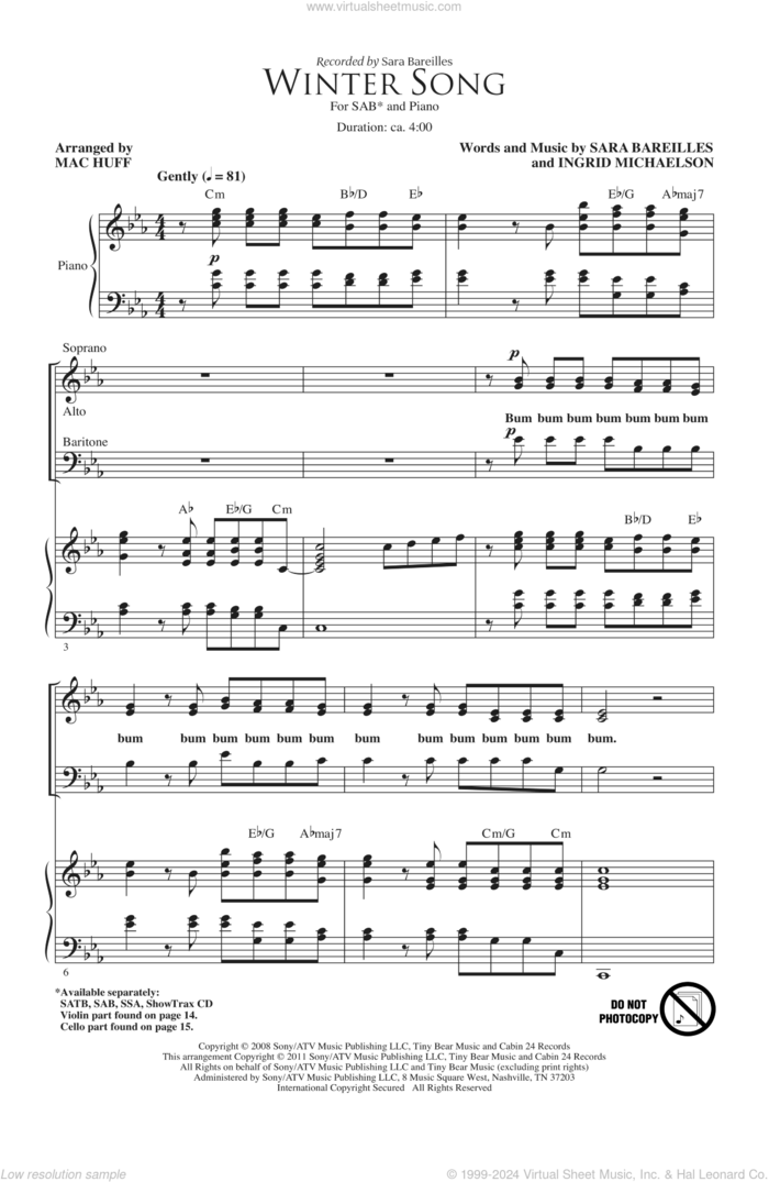 Winter Song (arr. Mac Huff) sheet music for choir (SAB: soprano, alto, bass) by Sara Bareilles, Ingrid Michaelson and Mac Huff, intermediate skill level
