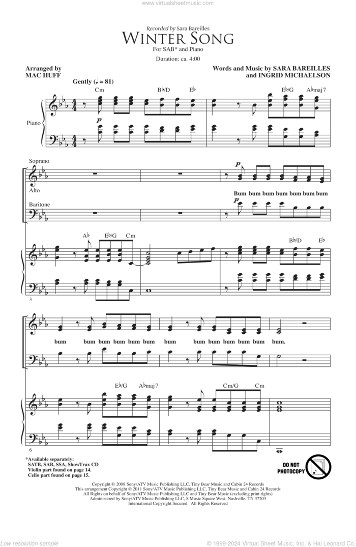 Winter Song (arr. Mac Huff) sheet music for choir (SAB: soprano, alto, bass) by Sara Bareilles, Ingrid Michaelson and Mac Huff, intermediate skill level