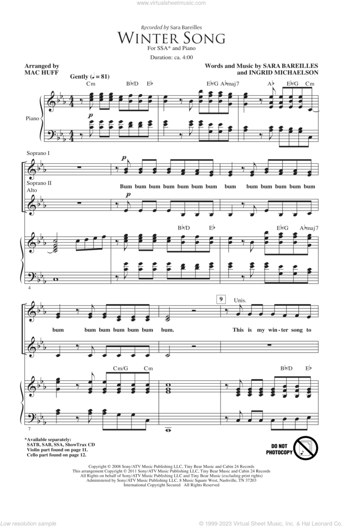 Winter Song (arr. Mac Huff) sheet music for choir (SSA: soprano, alto) by Sara Bareilles, Mac Huff and Ingrid Michaelson, intermediate skill level