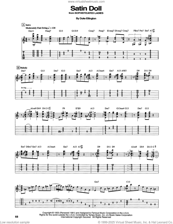 Satin Doll sheet music for guitar solo by Joe Pass, Billy Strayhorn, Duke Ellington and Johnny Mercer, intermediate skill level