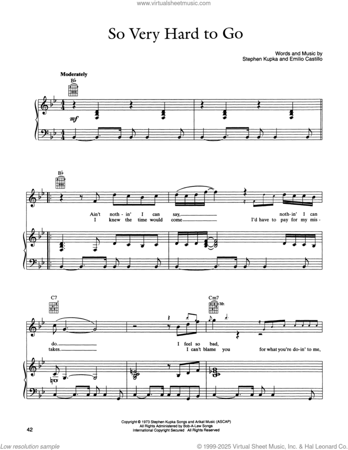 So Very Hard To Go sheet music for voice, piano or guitar by Tower Of Power, Emilio Castillo and Stephen Kupka, intermediate skill level