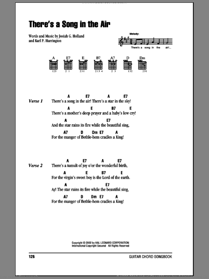 There's A Song In The Air sheet music for guitar (chords) by Josiah G. Holland and Karl P. Harrington, intermediate skill level