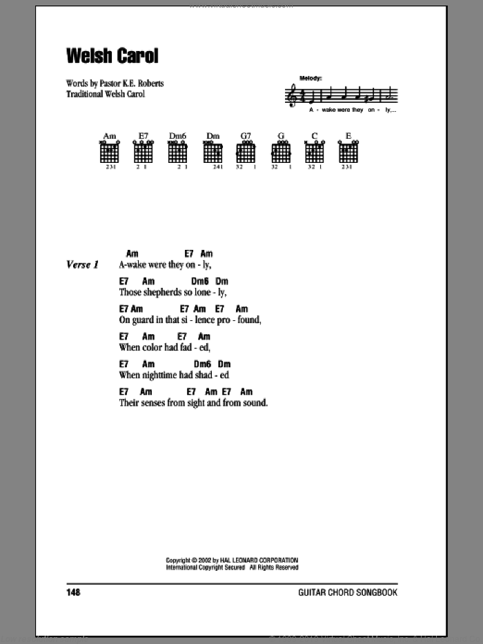 Welsh Carol sheet music for guitar (chords) by Pastor K.E. Roberts and Miscellaneous, intermediate skill level