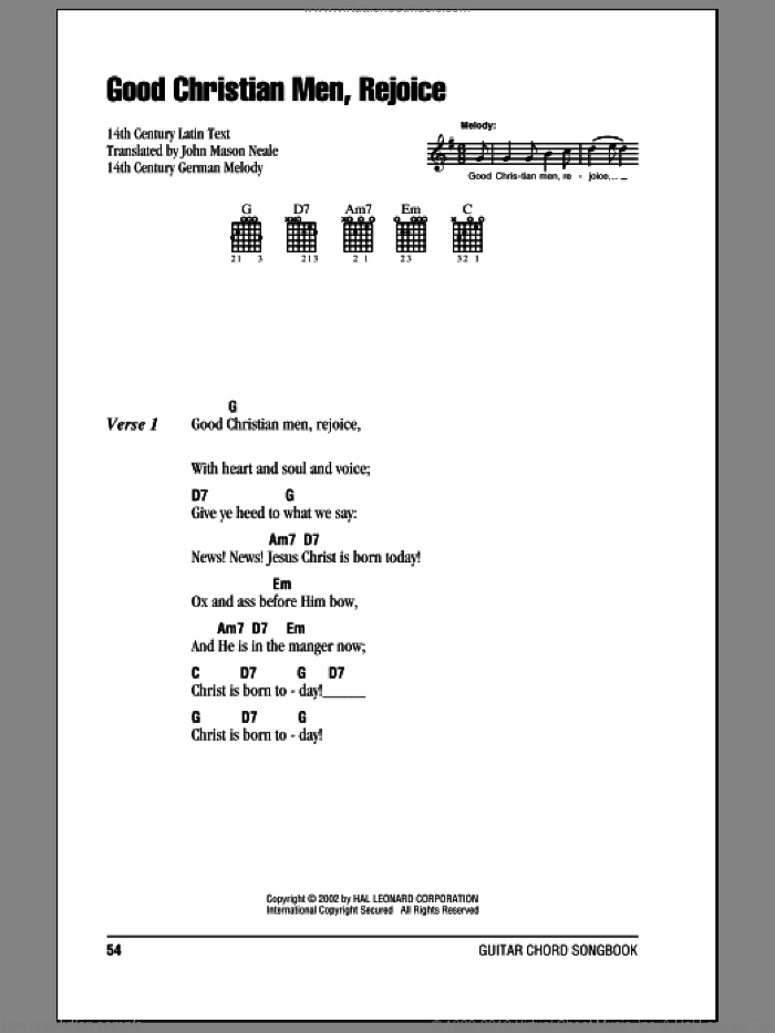 Good Christian Men, Rejoice sheet music for guitar (chords) by John Mason Neale, 14th Century German Melody and Miscellaneous, intermediate skill level
