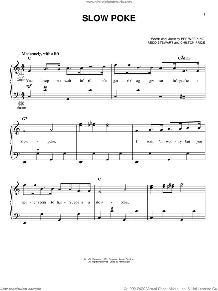 Slow Poke sheet music for accordion by Pee Wee King, Gary Meisner, Chilton Price and Redd Stewart, intermediate skill level