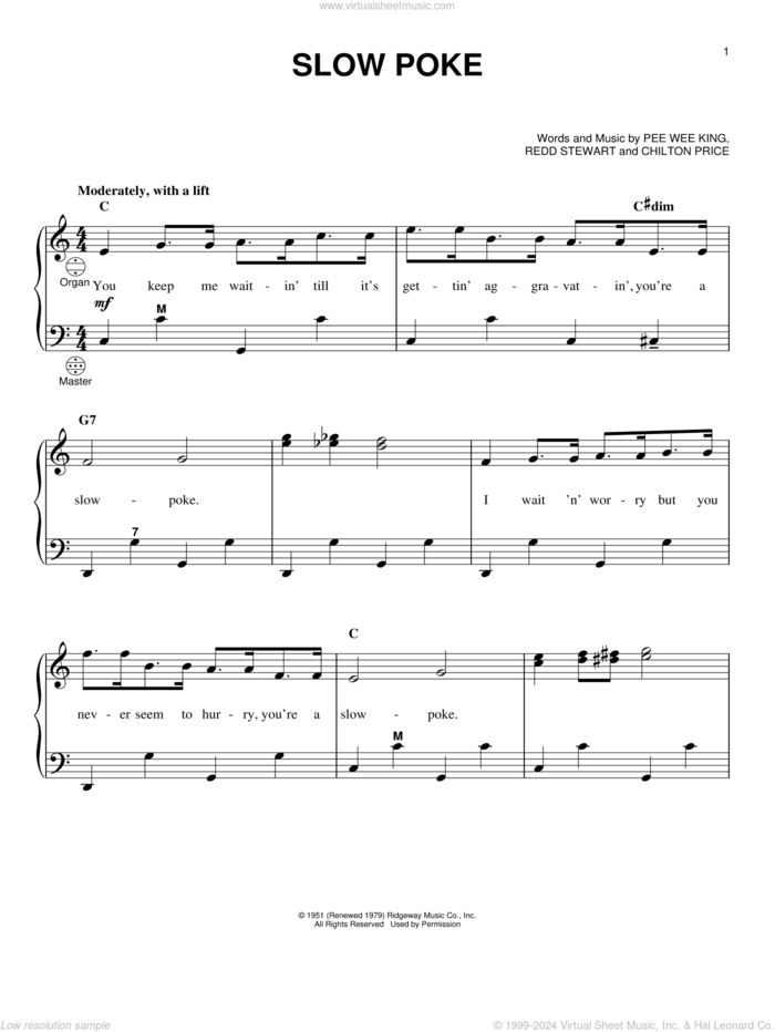 Slow Poke sheet music for accordion by Pee Wee King, Gary Meisner, Chilton Price and Redd Stewart, intermediate skill level