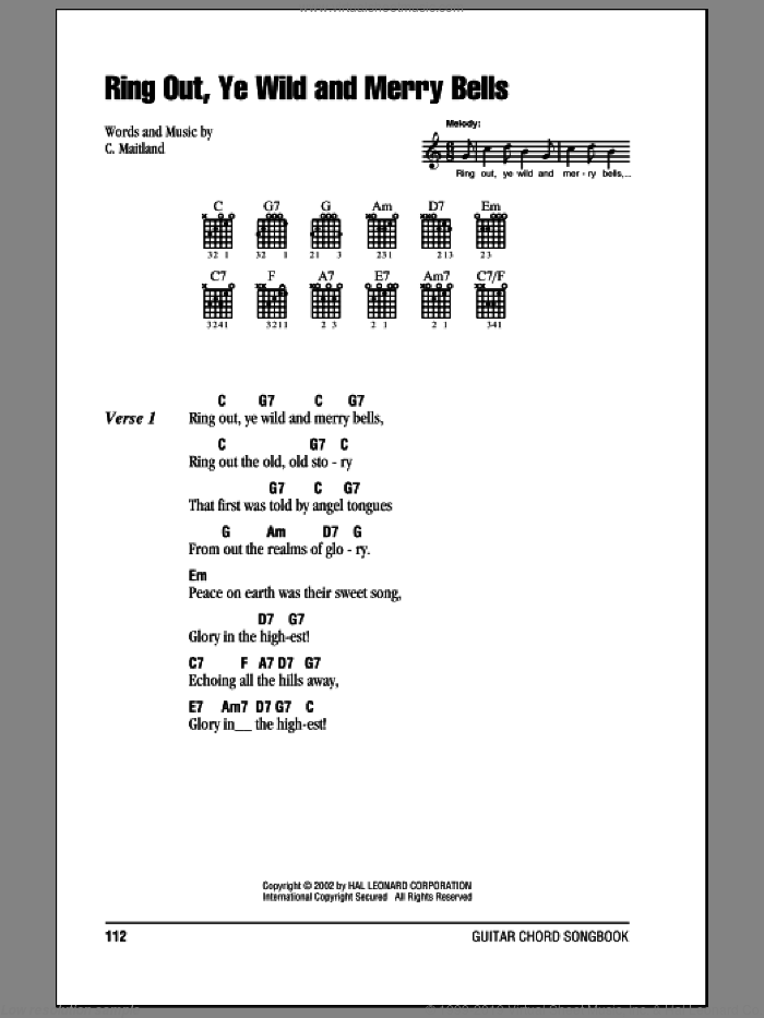 Ring Out, Ye Wild And Merry Bells sheet music for guitar (chords) by C. Maitland, intermediate skill level