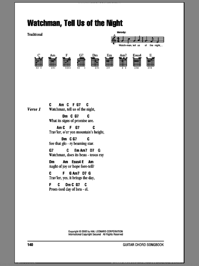 Watchman, Tell Us Of The Night sheet music for guitar (chords) by John Bowring, Miscellaneous and Jacob Hintze, intermediate skill level