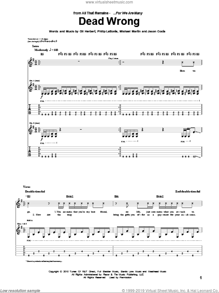 Dead Wrong sheet music for guitar (tablature) by All That Remains, Jason Costa, Michael Martin, Oli Herbert and Philip LaBonte, intermediate skill level