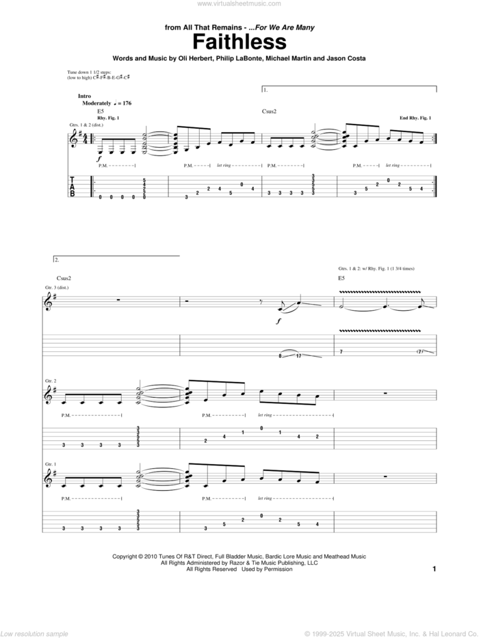 Faithless sheet music for guitar (tablature) by All That Remains, Jason Costa, Michael Martin, Oli Herbert and Philip LaBonte, intermediate skill level