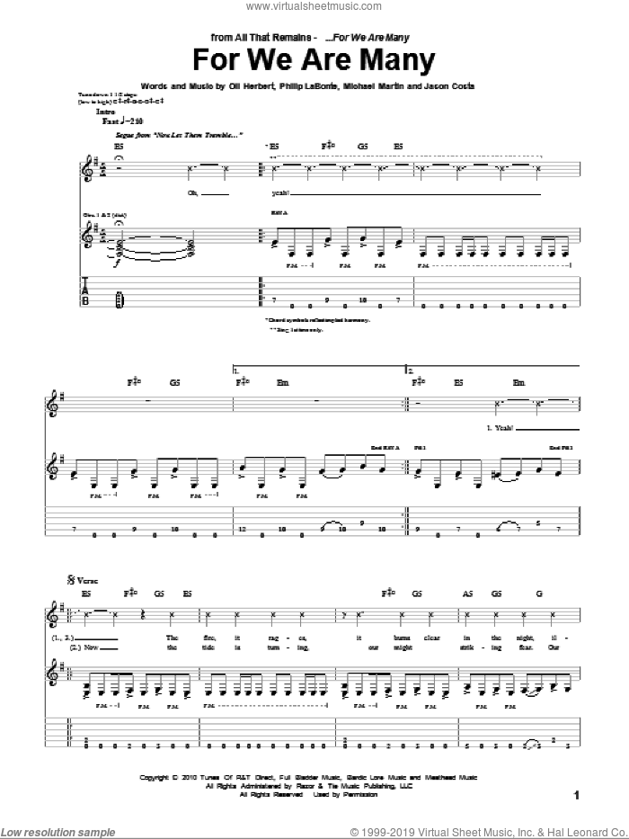 For We Are Many sheet music for guitar (tablature) by All That Remains, Jason Costa, Michael Martin, Oli Herbert and Philip LaBonte, intermediate skill level