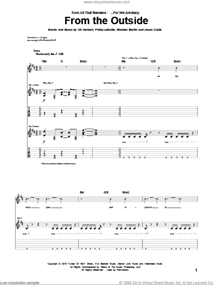 From The Outside sheet music for guitar (tablature) by All That Remains, Jason Costa, Michael Martin, Oli Herbert and Philip LaBonte, intermediate skill level
