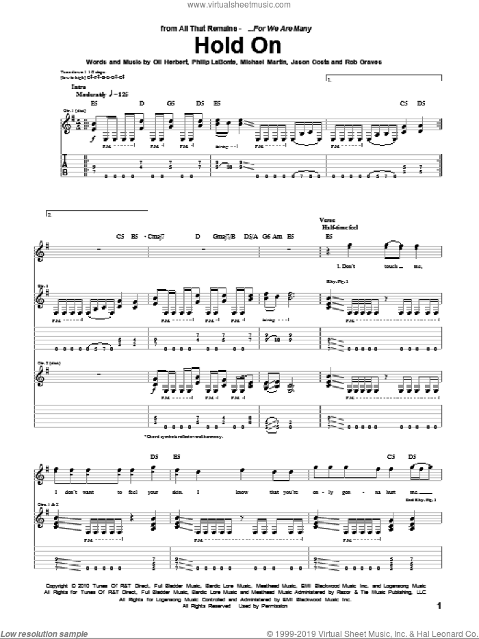 Hold On sheet music for guitar (tablature) by All That Remains, Jason Costa, Michael Martin, Oli Herbert, Philip LaBonte and Rob Graves, intermediate skill level