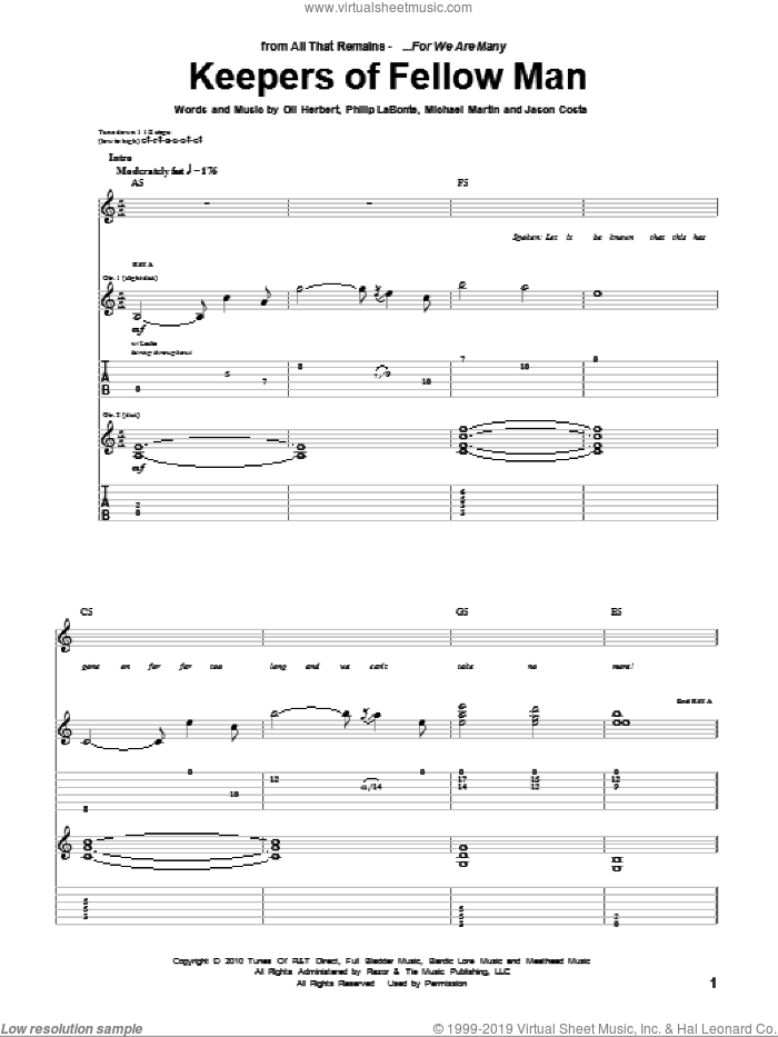 Keepers Of Fellow Man sheet music for guitar (tablature) by All That Remains, Jason Costa, Michael Martin, Oli Herbert and Philip LaBonte, intermediate skill level