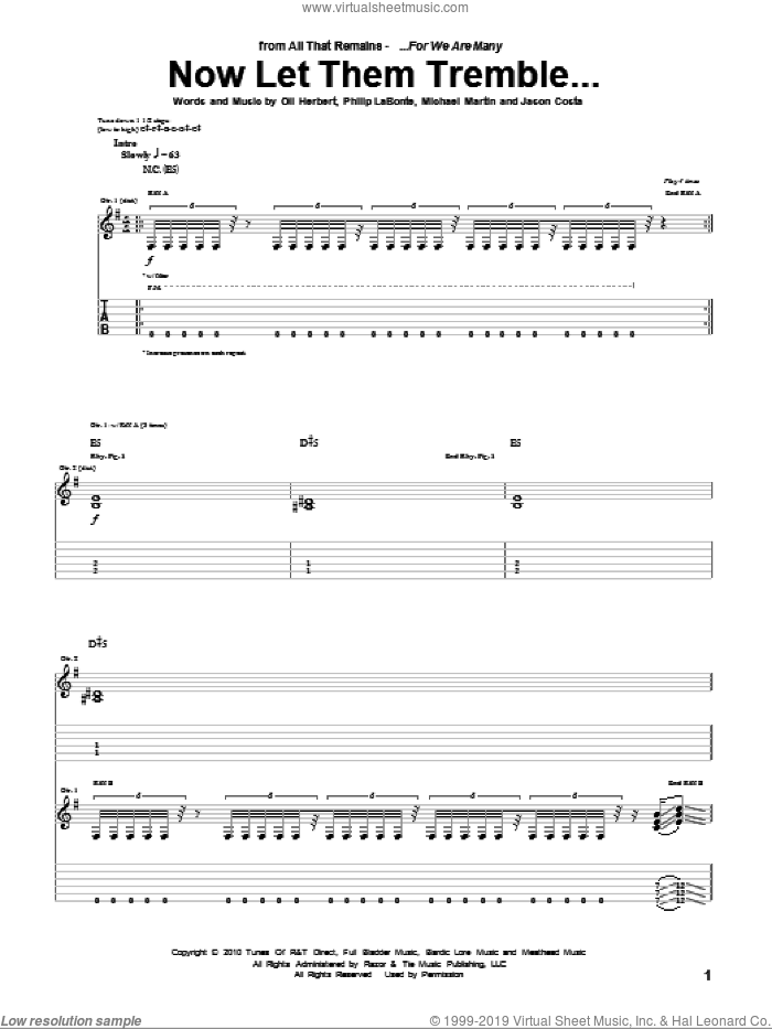 Now Let Them Tremble sheet music for guitar (tablature) by All That Remains, Jason Costa, Michael Martin, Oli Herbert and Philip LaBonte, intermediate skill level
