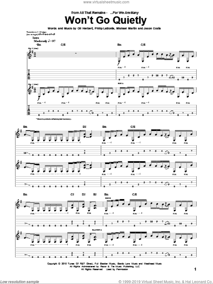 Won't Go Quietly sheet music for guitar (tablature) by All That Remains, Jason Costa, Michael Martin, Oli Herbert, Philip LaBonte and Rob Graves, intermediate skill level