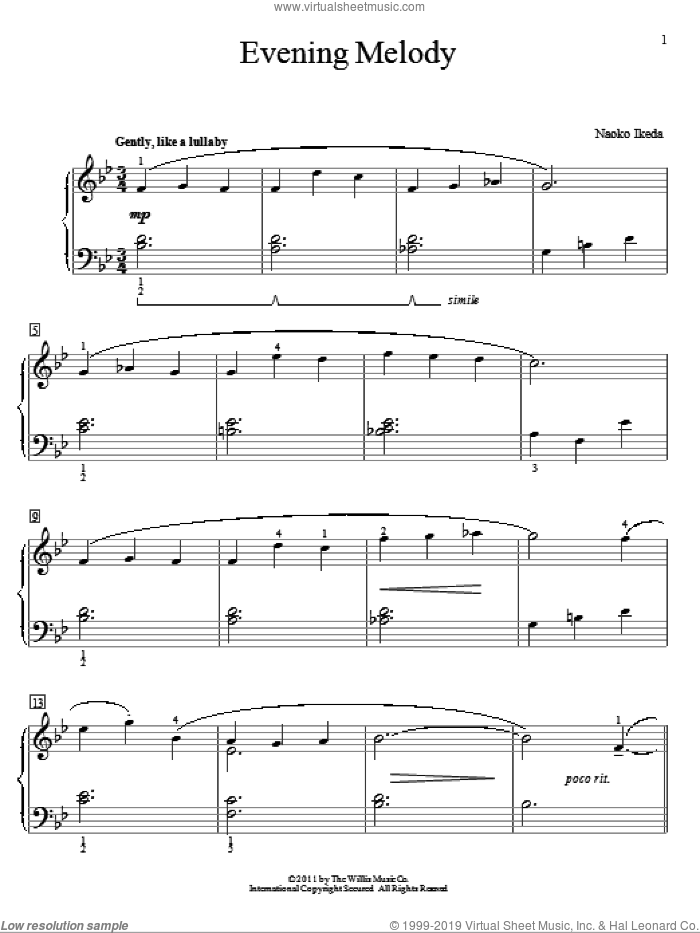 Evening Melody sheet music for piano solo (elementary) by Naoko Ikeda, beginner piano (elementary)