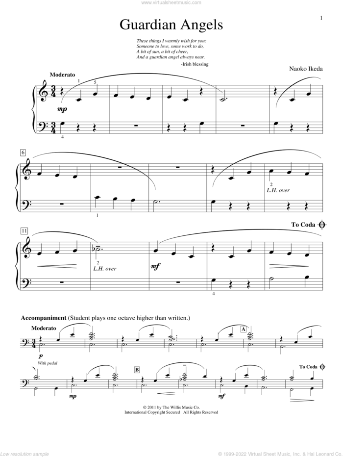 Guardian Angels sheet music for piano solo (elementary) by Naoko Ikeda, beginner piano (elementary)