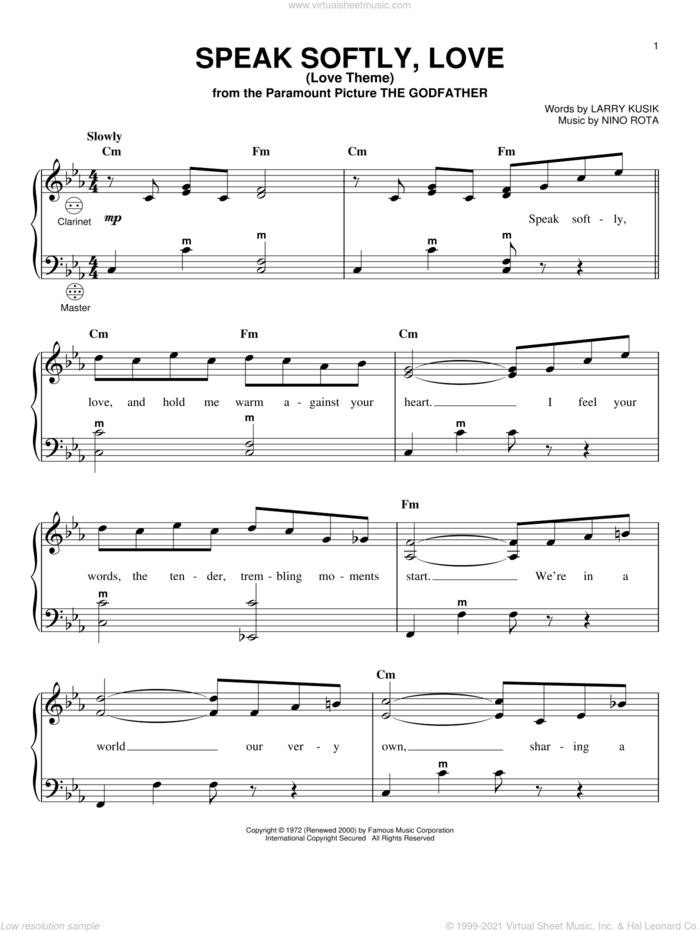 Speak Softly, Love (Love Theme) sheet music for accordion by Andy Williams, Gary Meisner, Larry Kusik and Nino Rota, intermediate skill level