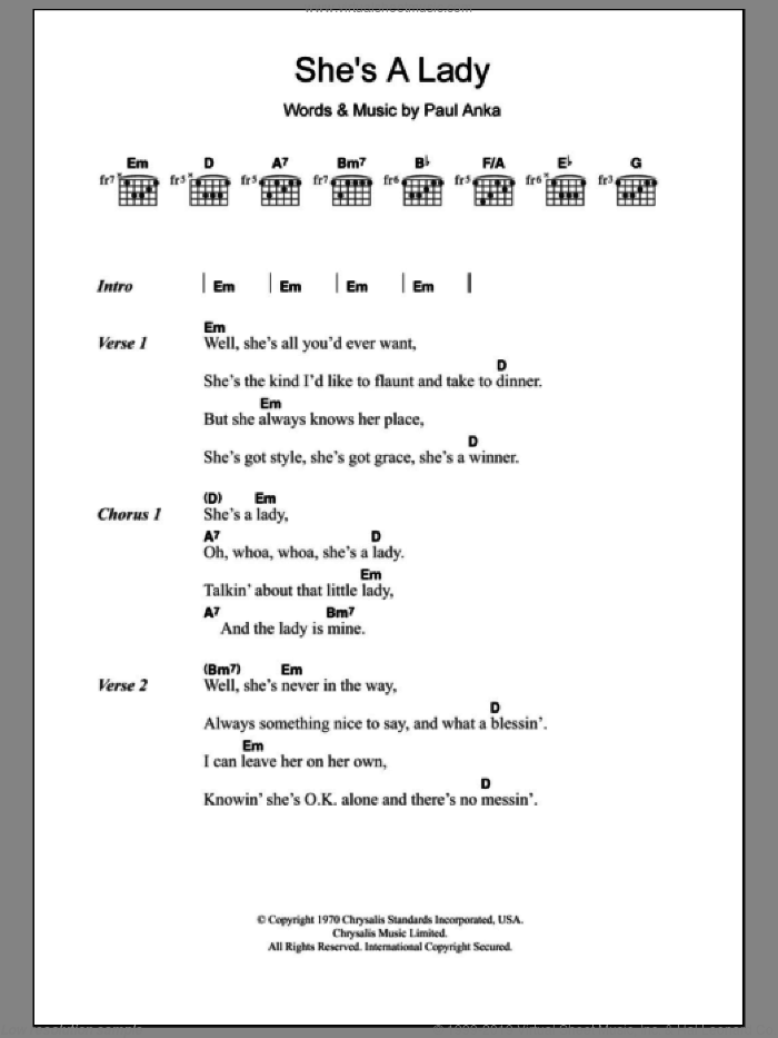 She's A Lady sheet music for guitar (chords) by Tom Jones and Paul Anka, intermediate skill level