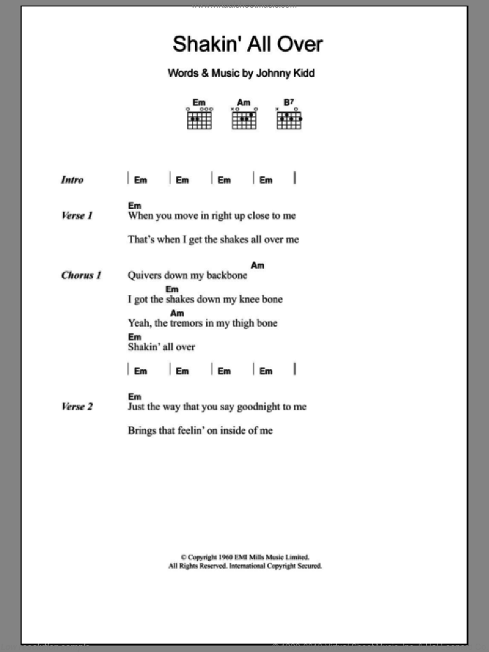 Shakin' All Over sheet music for guitar (chords) by Johnny Kidd, intermediate skill level