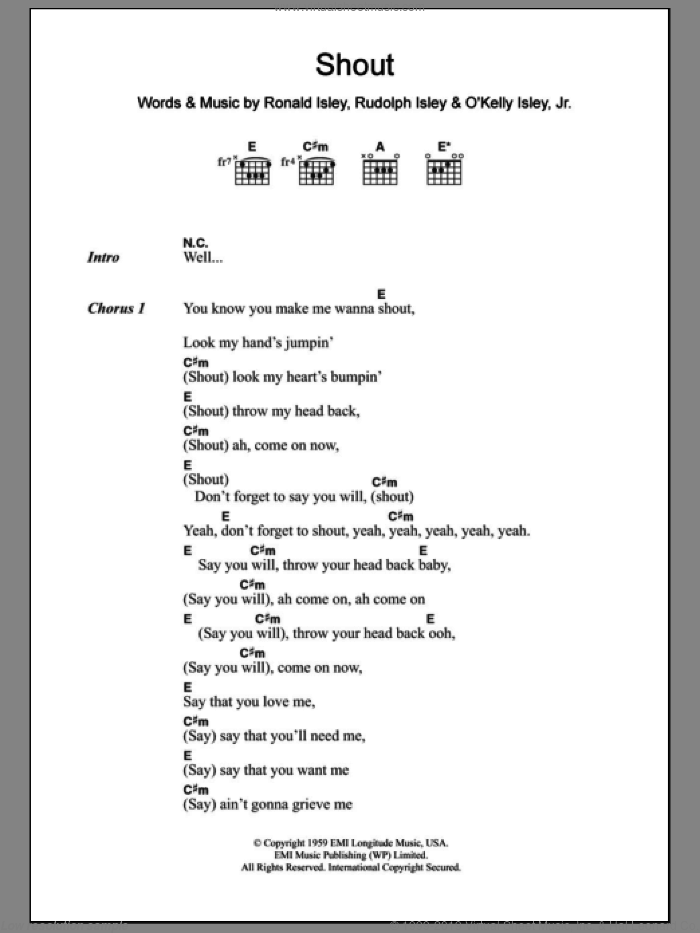 Shout sheet music for guitar (chords) by Lulu, Lulu and The Luvvers, The Isley Brothers, Ronald Isley and Rudolph Isley, intermediate skill level