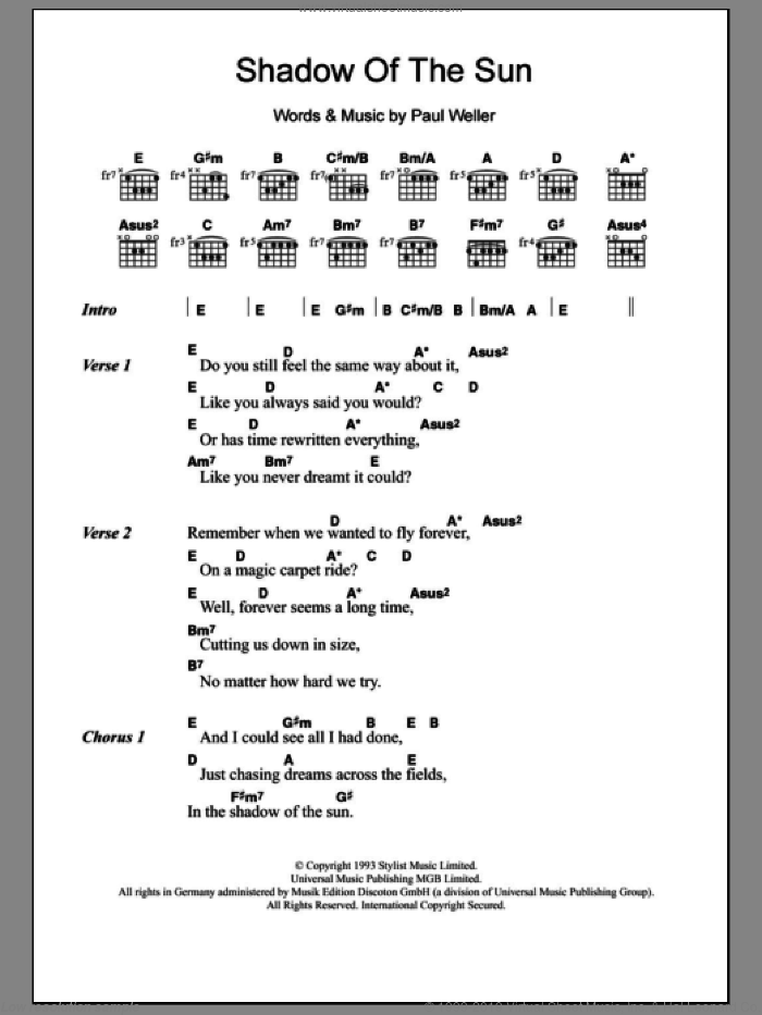 Shadow Of The Sun sheet music for guitar (chords) by Paul Weller, intermediate skill level