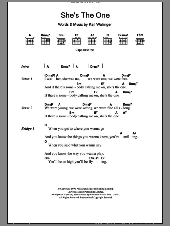 She's The One sheet music for guitar (chords) by Robbie Williams and Karl Wallinger, intermediate skill level